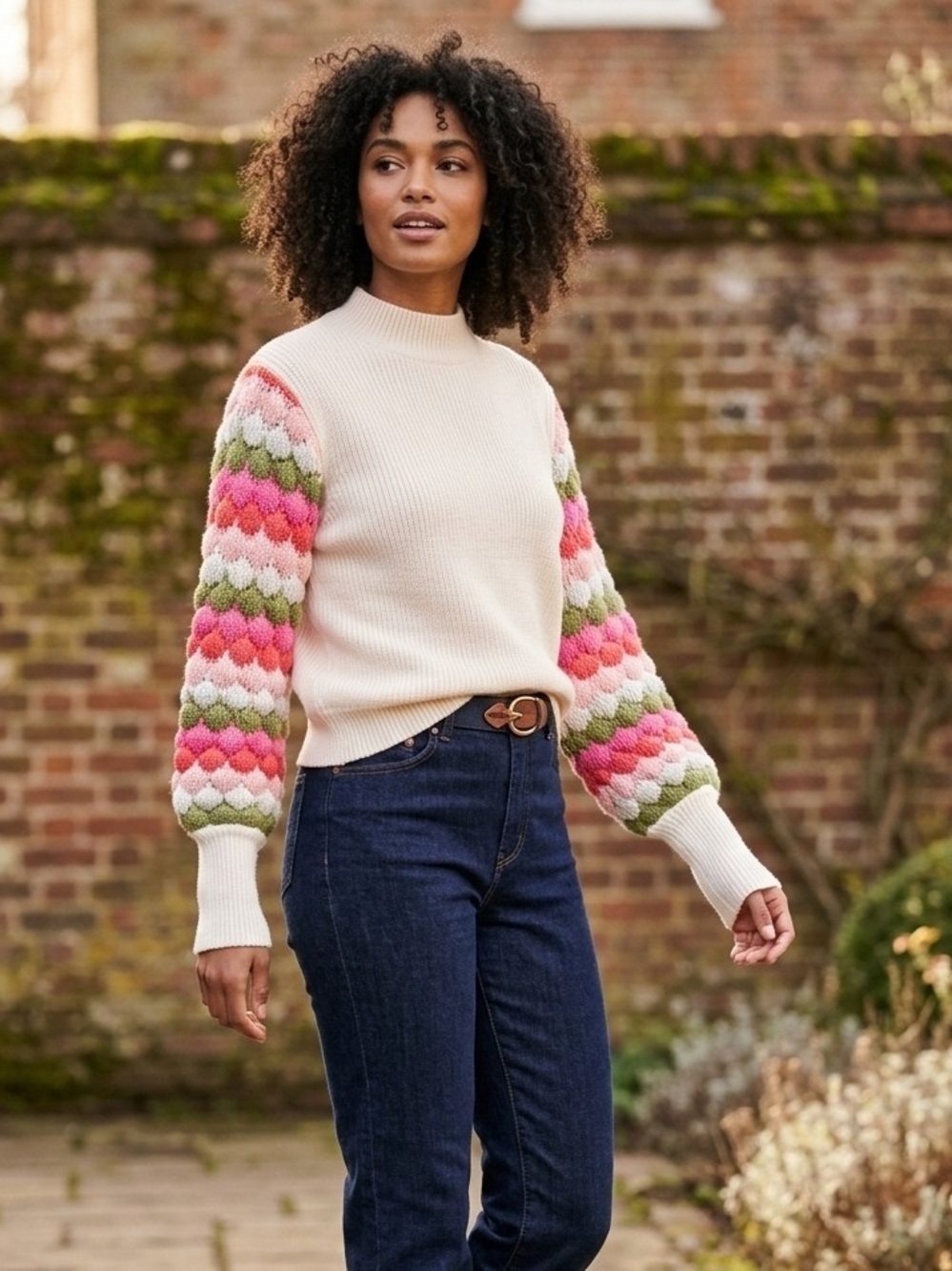 THML Cream Sweater with Pink & Green Bubble Sleeves